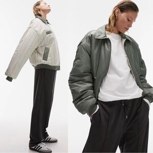 Topshop Reversible Bomber Jacket in Solid Green and Striped Print